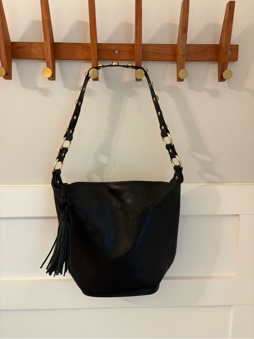 Sam Edelman Black Leather Shoulder Bag with Tassel and Gold Hardware